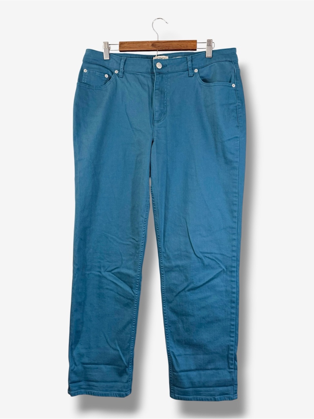 LOGO Lori Goldstein Boyfriend Jeans 14 Tall 14T Cuffed Ankle Teal Blue Denim